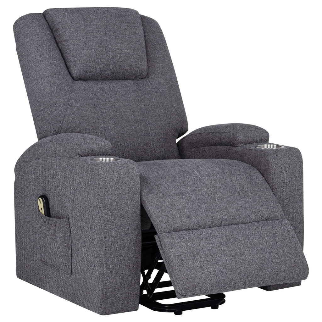 Grey upholstered power lift massage chair reclined with split armrests and exposed base