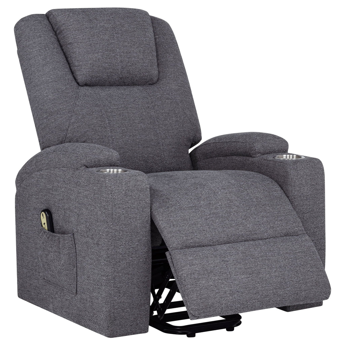 Grey upholstered power lift massage chair reclined with split armrests and exposed base