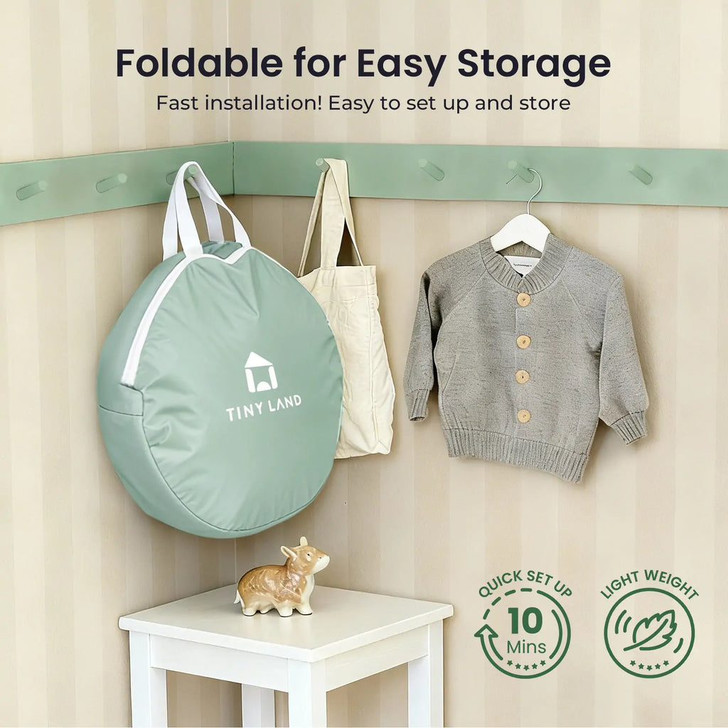 Foldable mint play tunnel set with storage bag and hanging pocket design