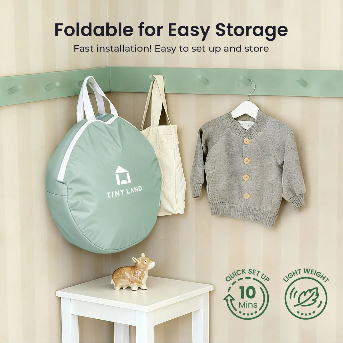 Foldable mint play tunnel set with storage bag and hanging pocket design