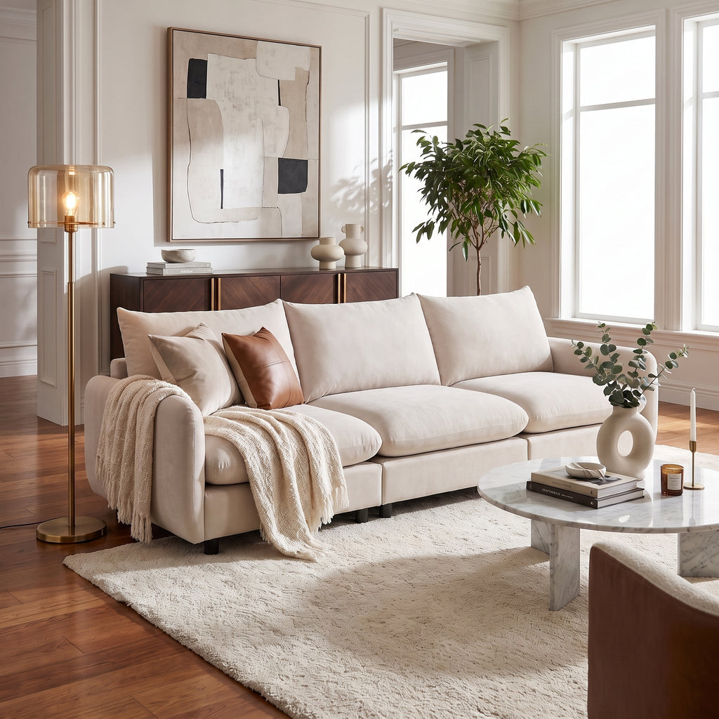 White modular sectional sofa with three seat cushions and square arms