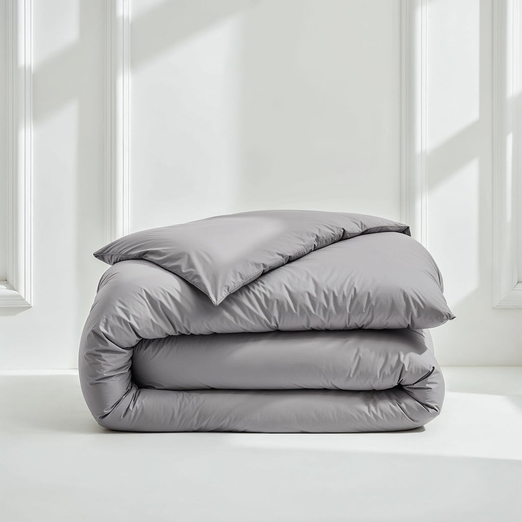Sateen bedding set with rolled comforter in medium gray color