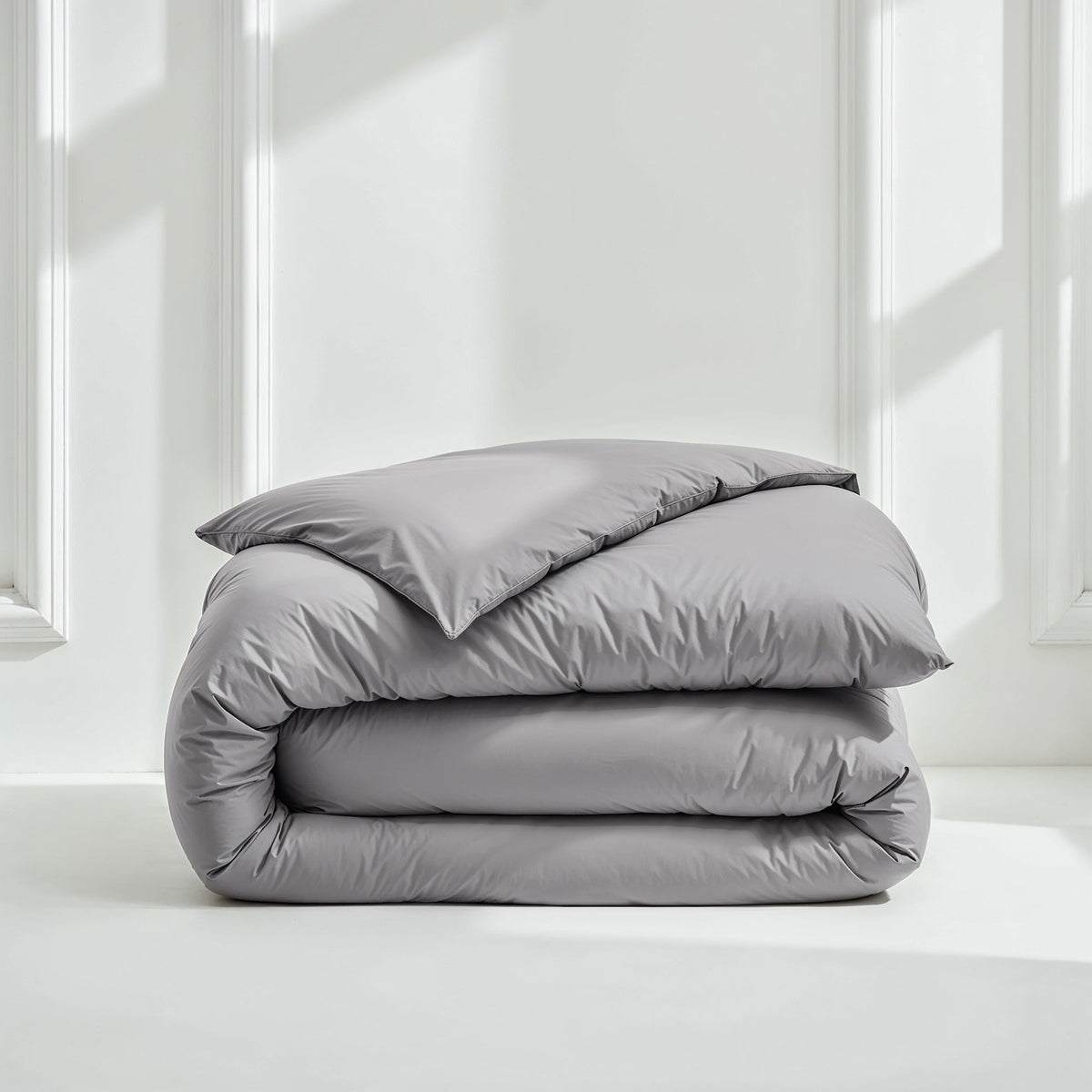 Sateen bedding set with rolled comforter in medium gray color