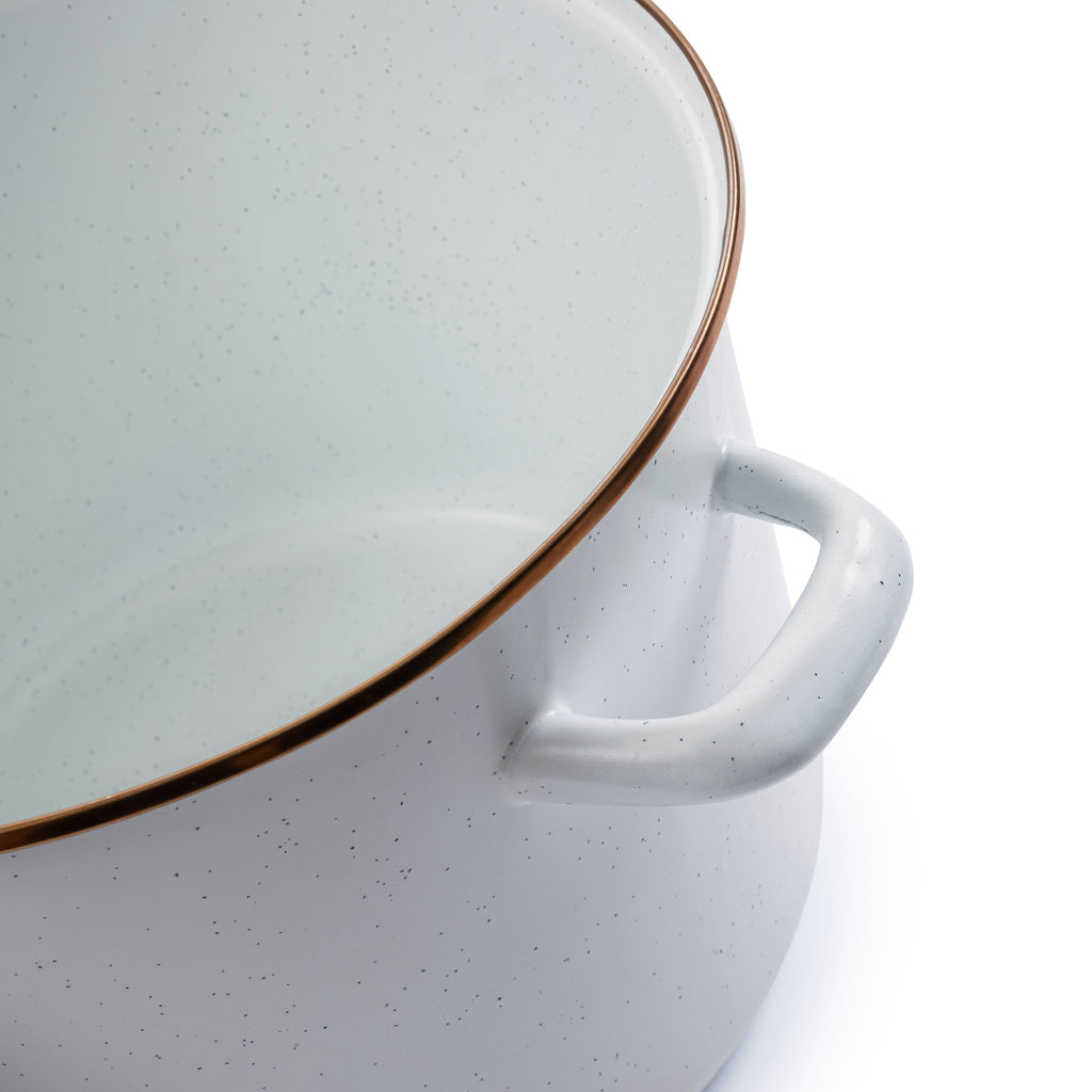 Enamel stock pot with side handle, speckled white enamel and brown rim