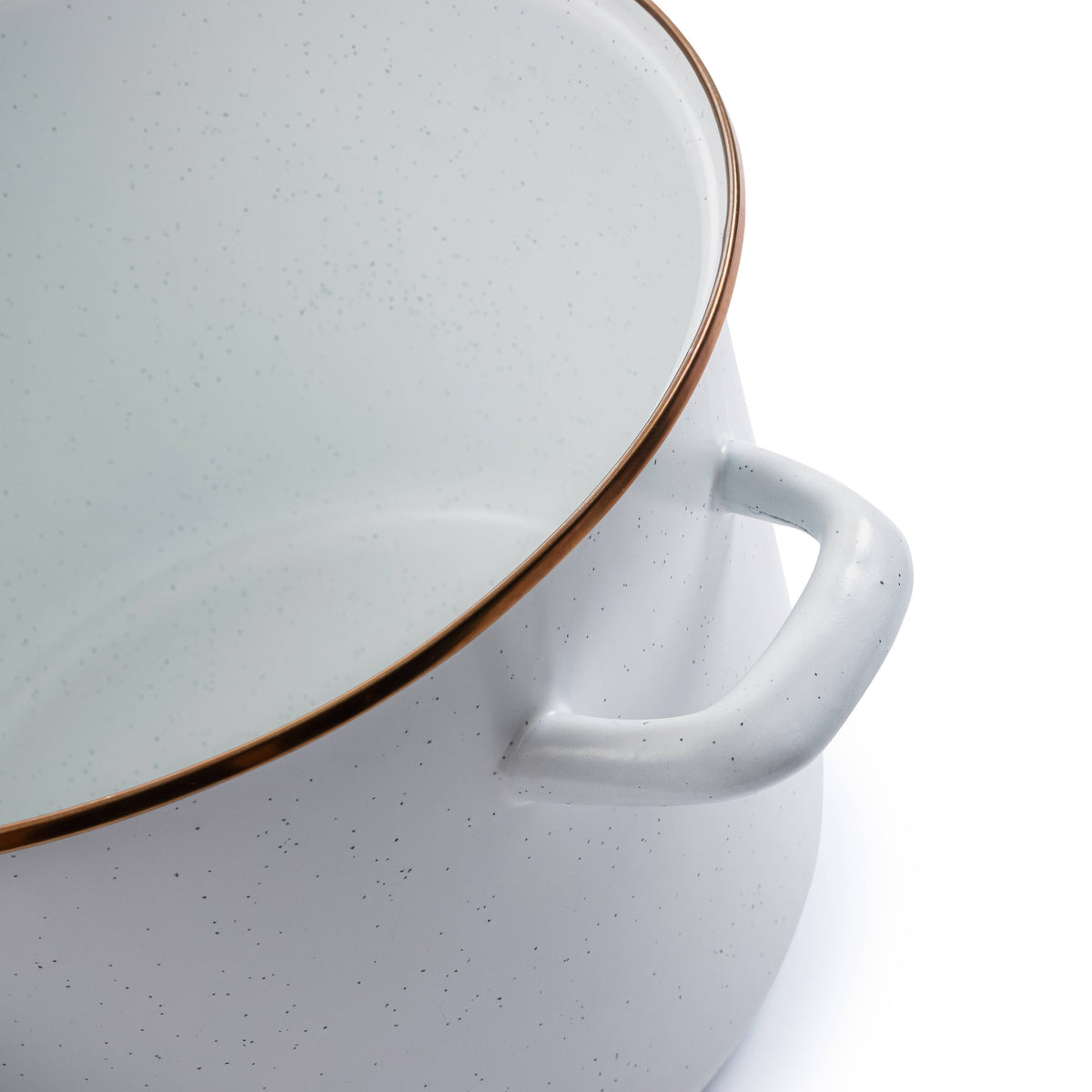 Enamel stock pot with side handle, speckled white enamel and brown rim