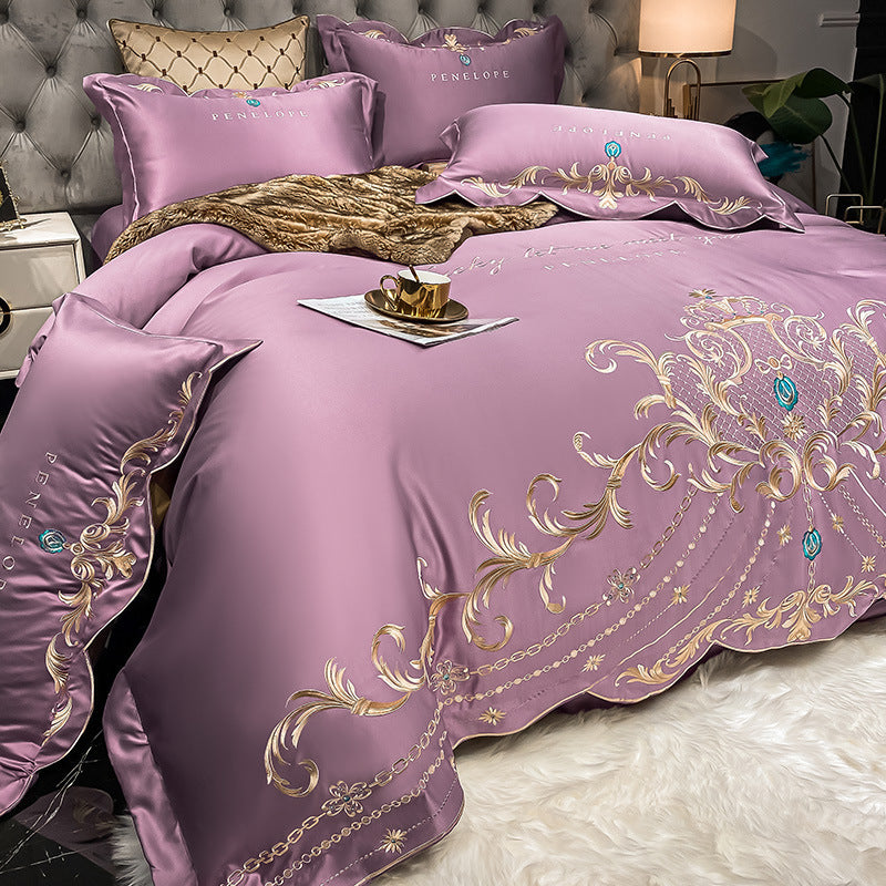 Ice Silk quilt bed sheet set, lavender satin with gold chain and scroll embroidery