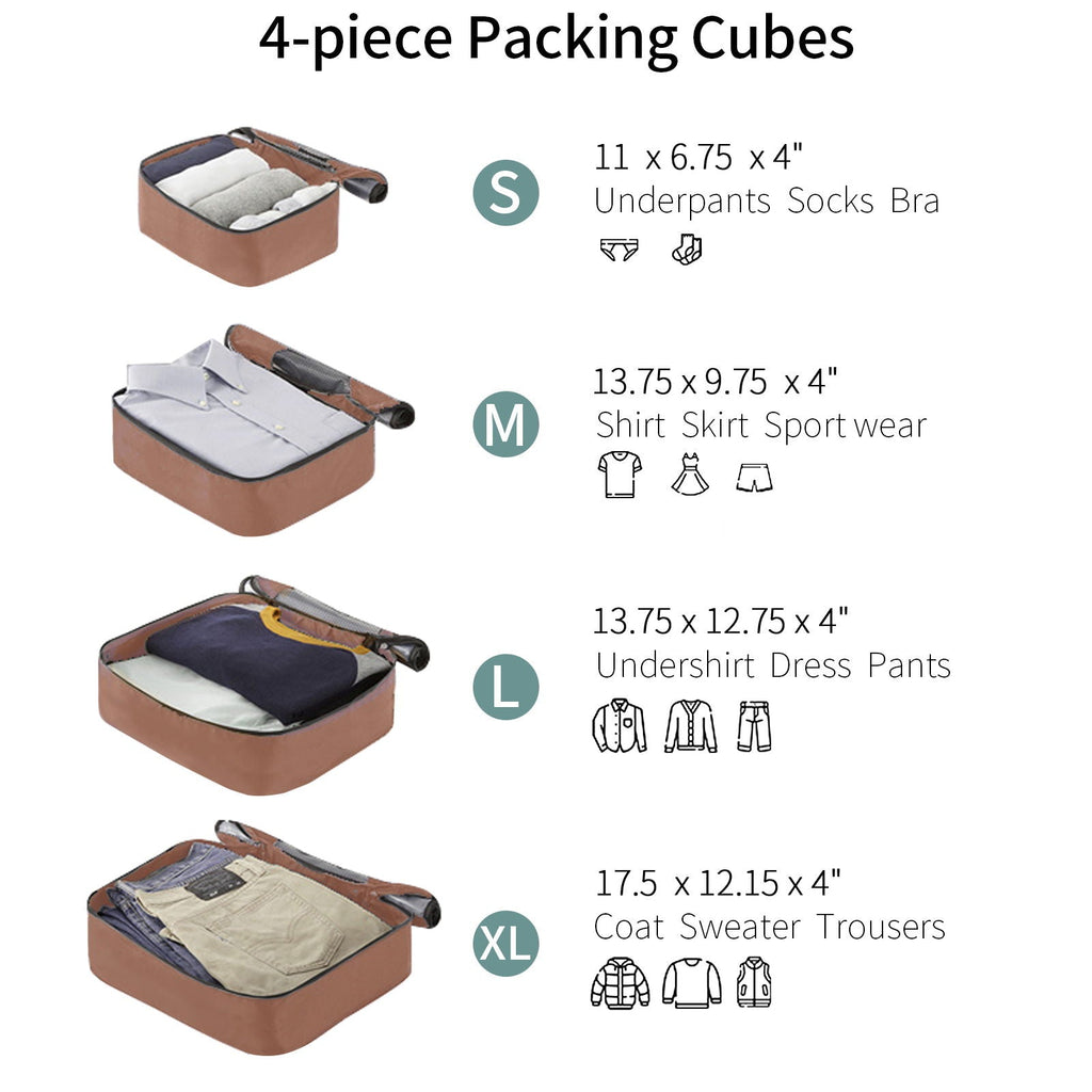 Set of four packing cubes in brown and white with S, M, L, and XL sizes