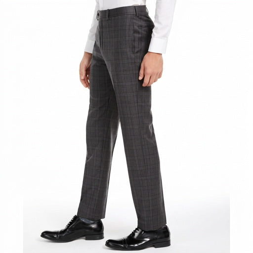 Men's dark gray plaid slim-fit stretch suit pants, side view