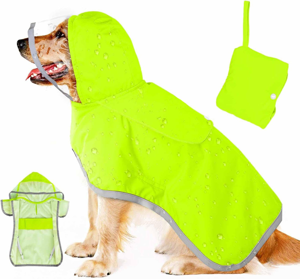 Neon green hooded waterproof dog raincoat with transparent face cap