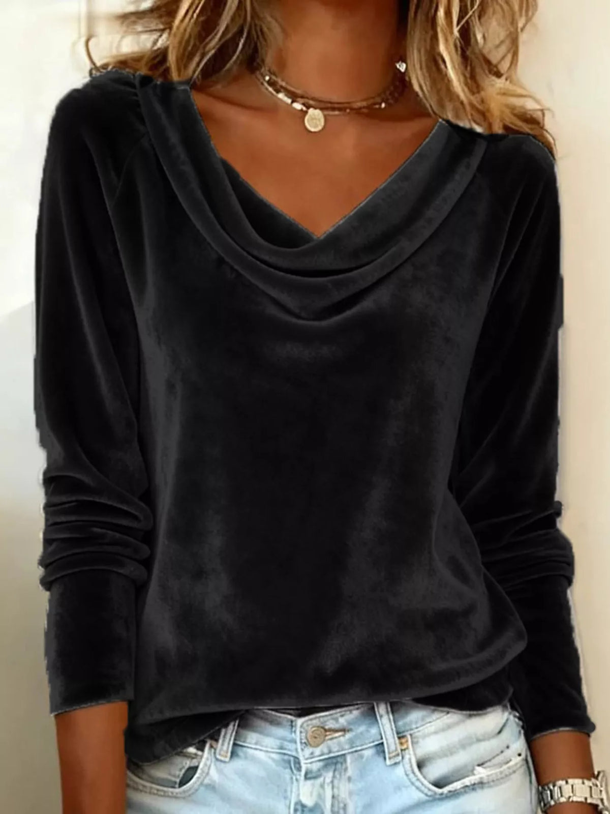 Black velvet cowl-neck long-sleeve top with draped neckline, everyday fit