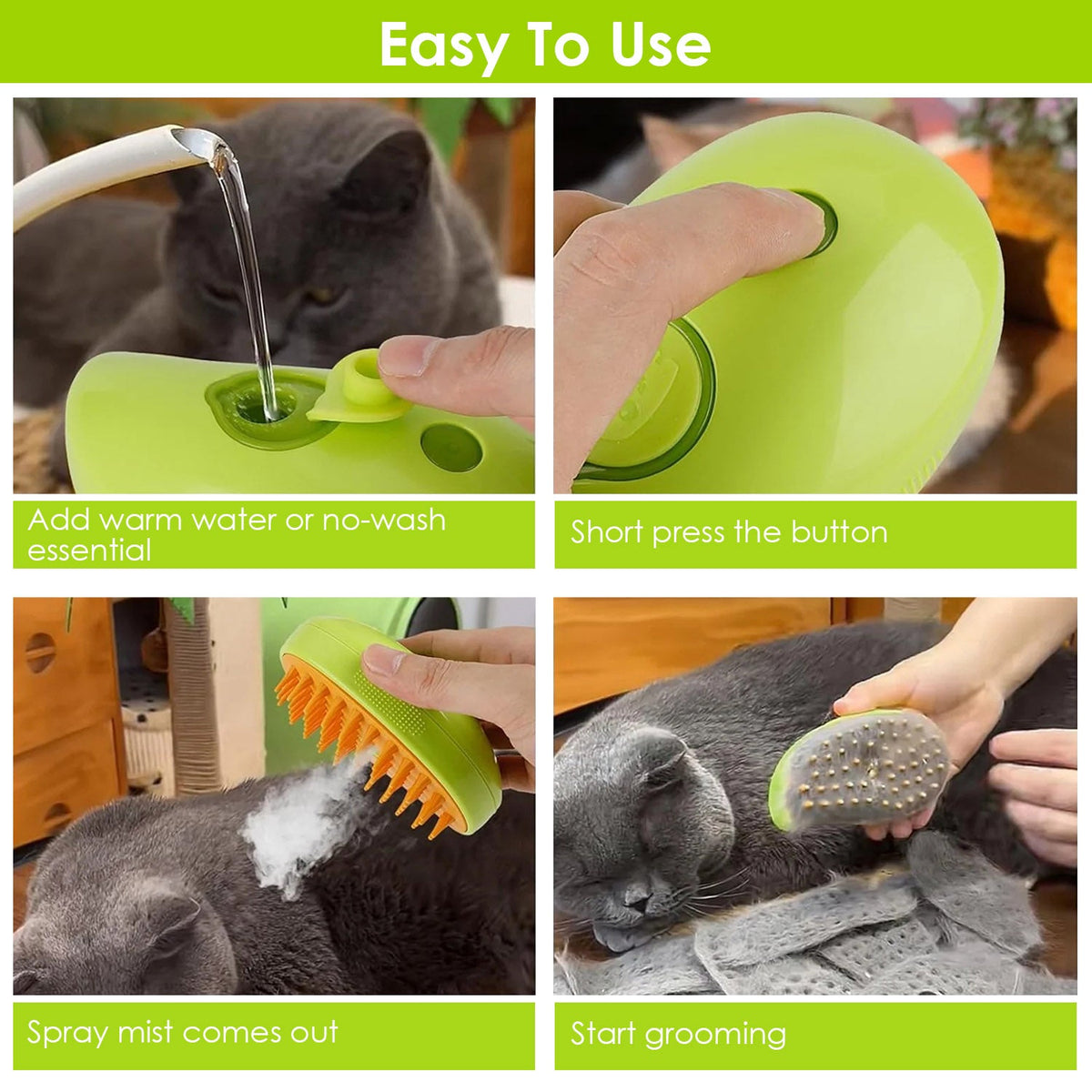 Steam brush with lime green handle, water spray outlet, and orange bristle head
