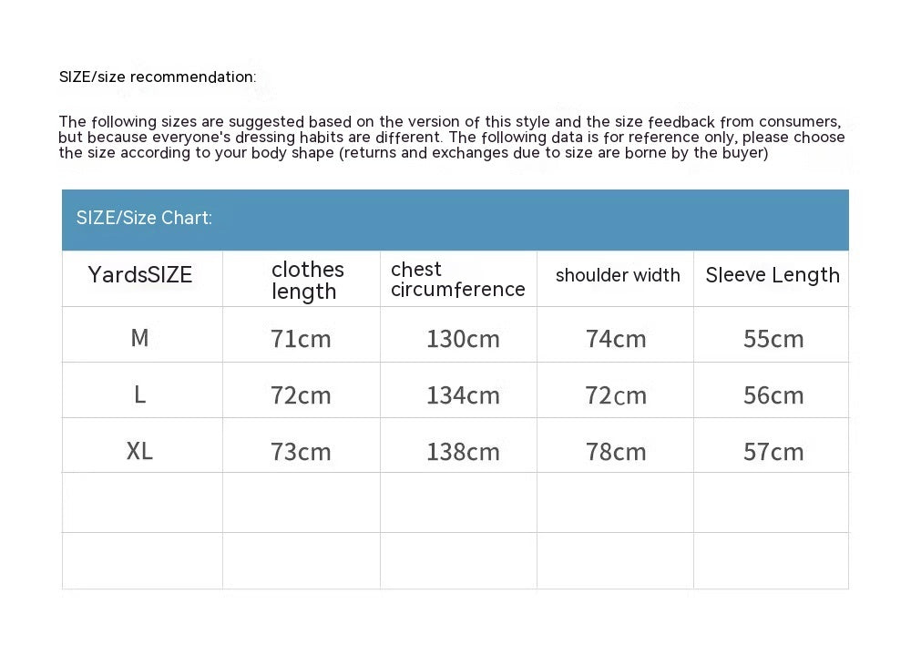 Men's jacket size chart with chest, shoulder width, and sleeve length