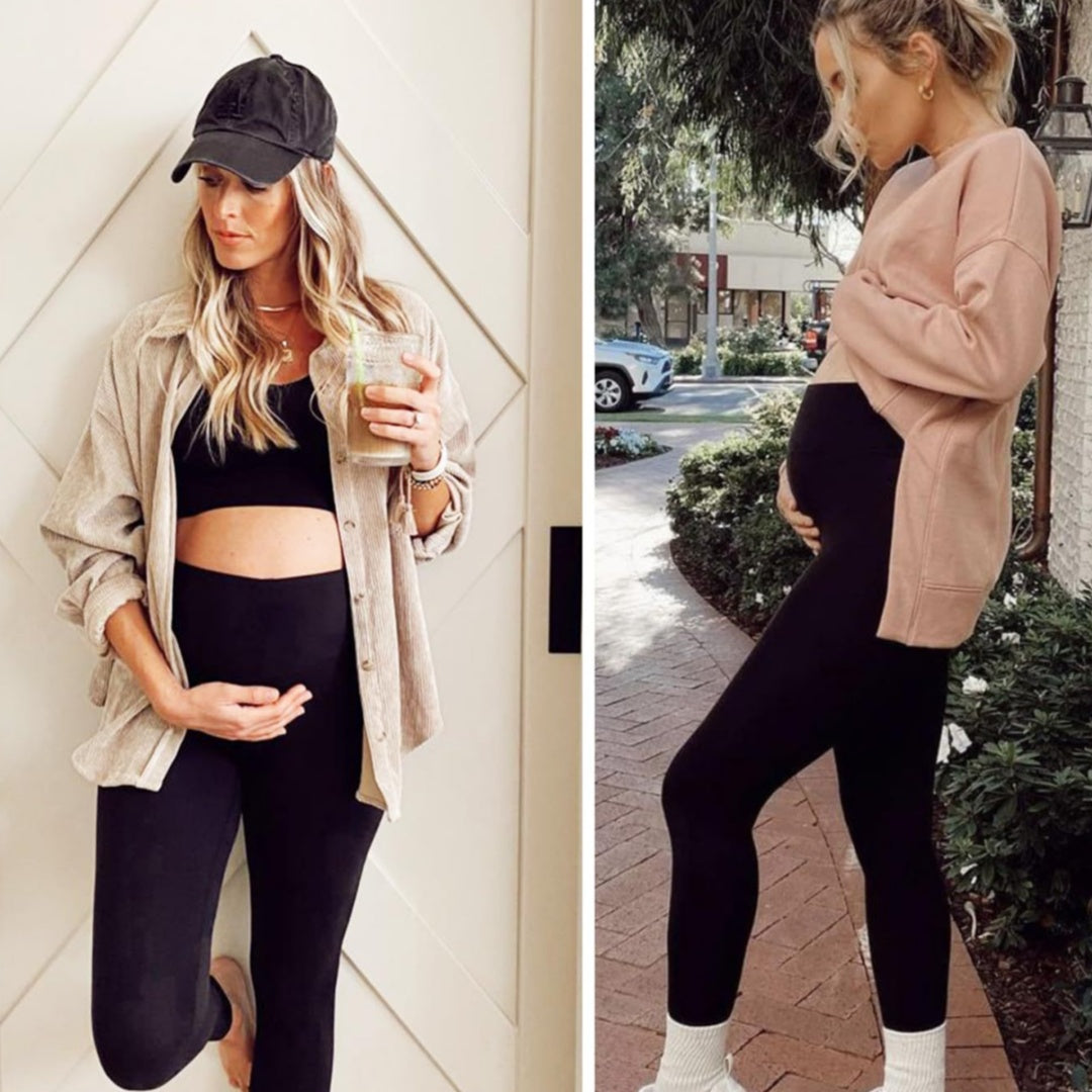 Black fleece-lined belly-support leggings, full-length with smooth waistband