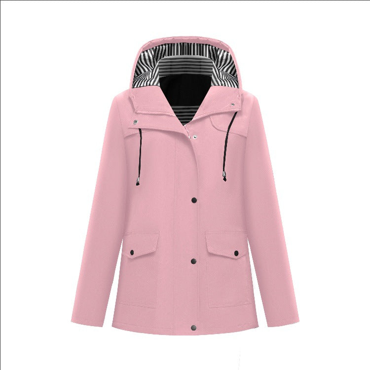 Gore-Tex waterproof hooded jacket, light pink, front button placket, drawstring hood