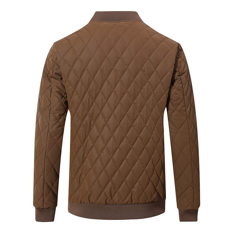Brown stand-collar cotton-padded leather jacket, quilted back and ribbed hem