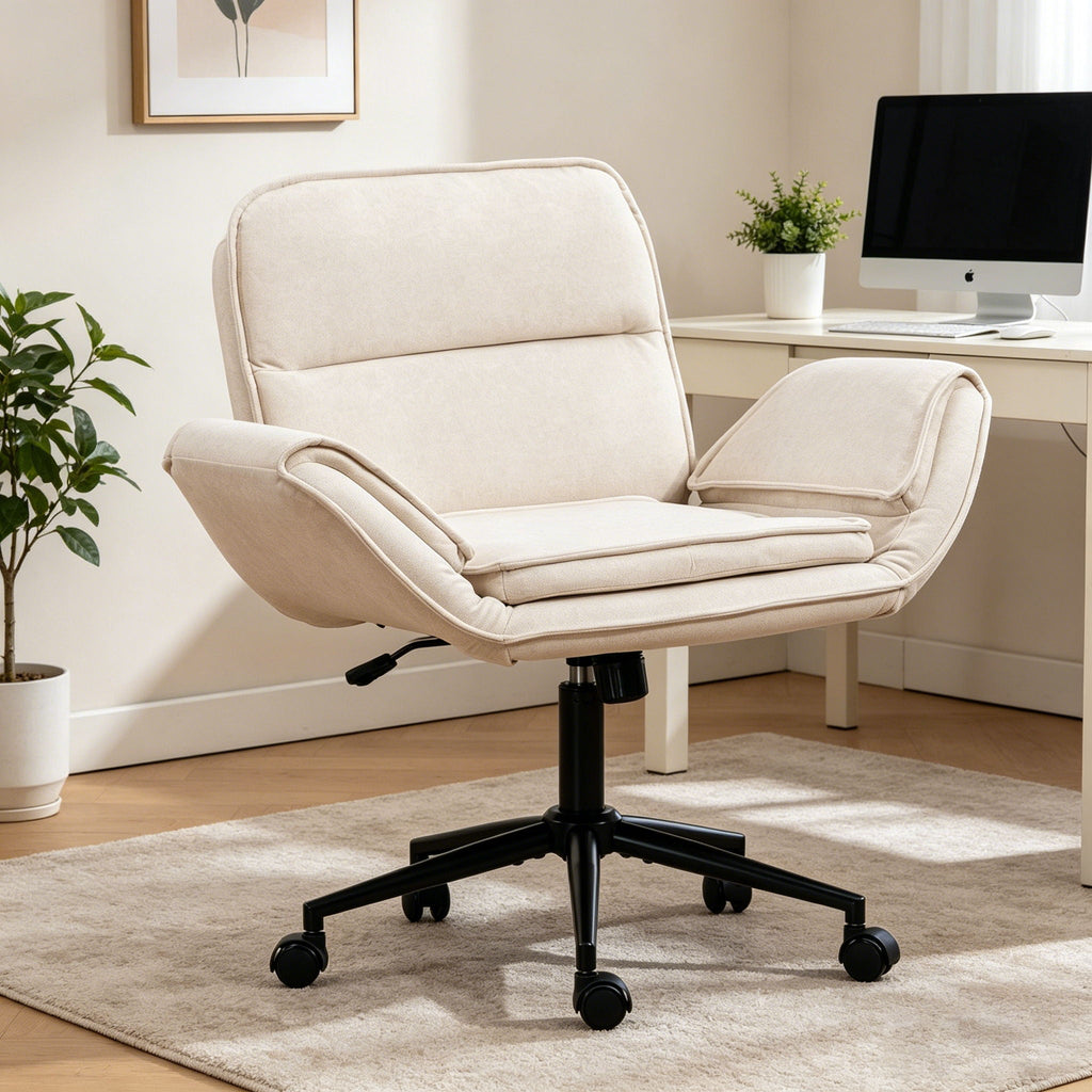 Beige swivel desk chair with high backrest, padded seat, and armrests on wheels