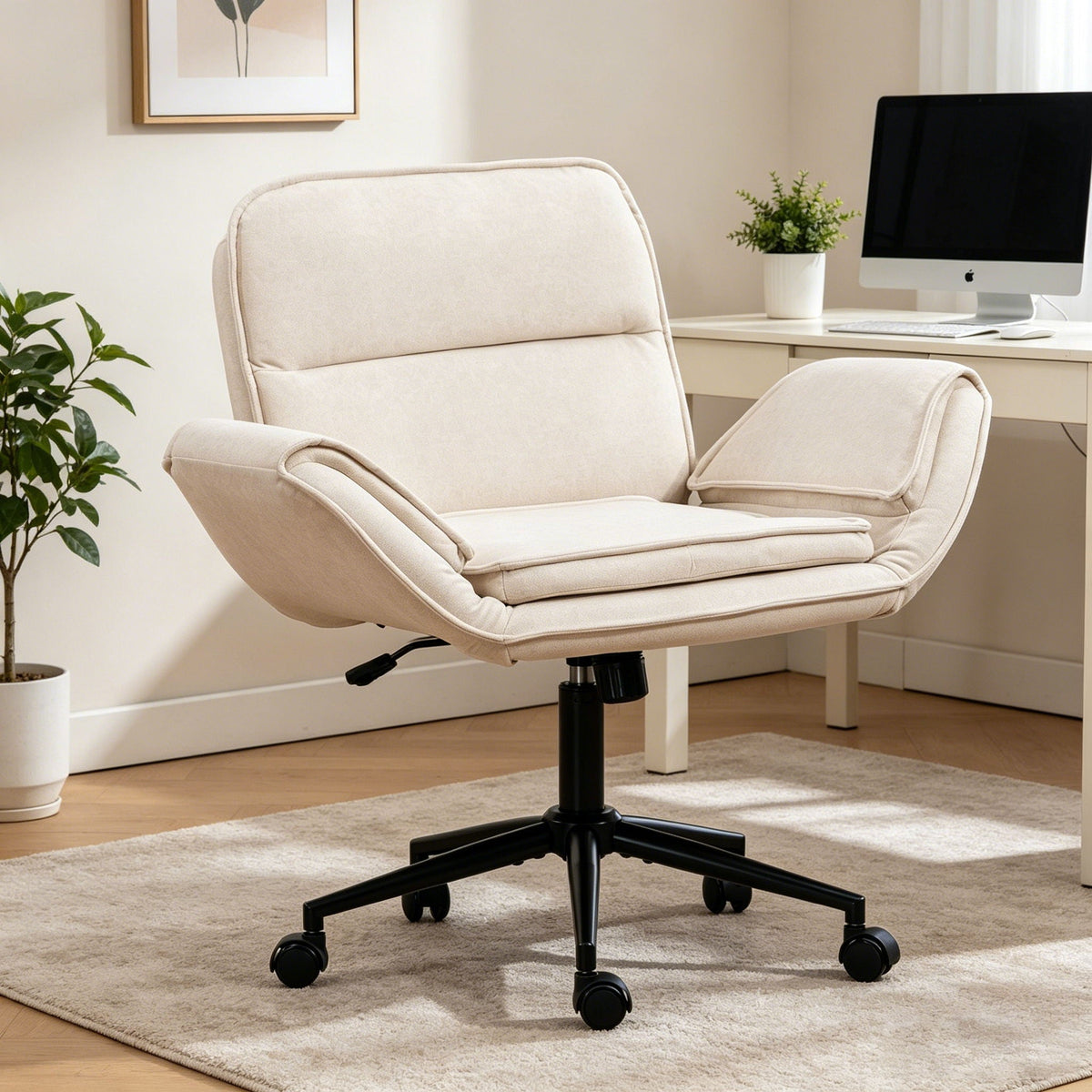 Beige swivel desk chair with high backrest, padded seat, and armrests on wheels