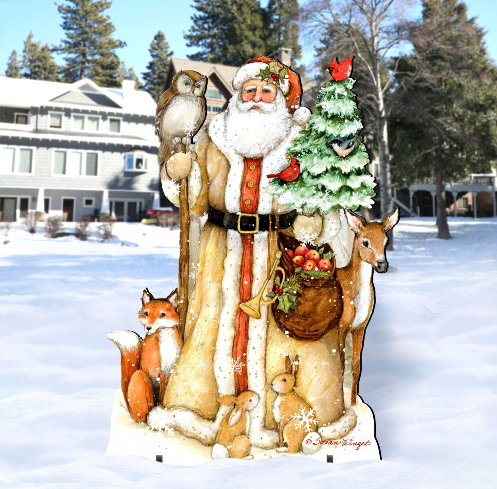 Holiday outdoor scene decor with Santa on a grizzly bear, surrounded by woodland animals