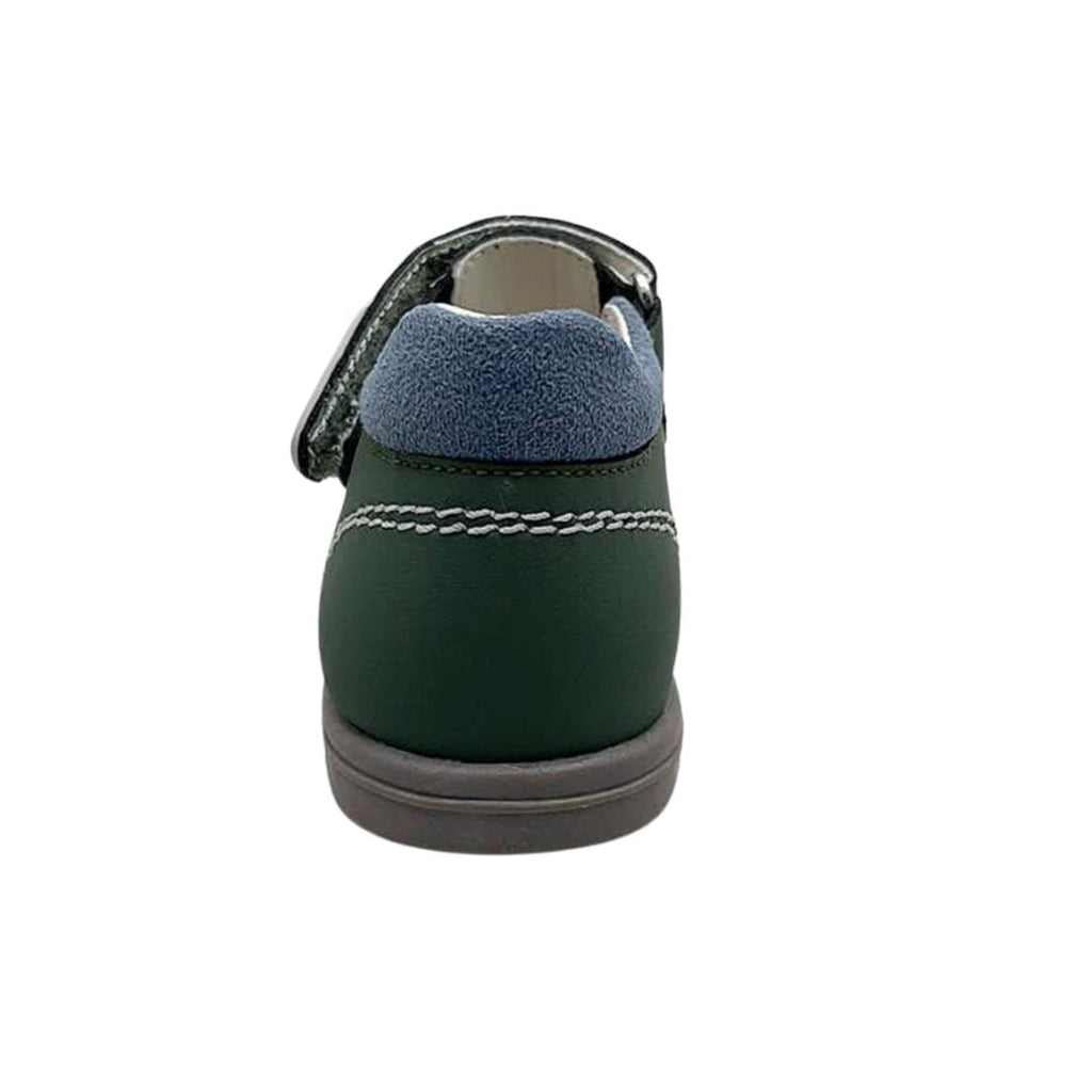 Toddler barefoot sandals back view: dark green heel with padded collar and gray insole