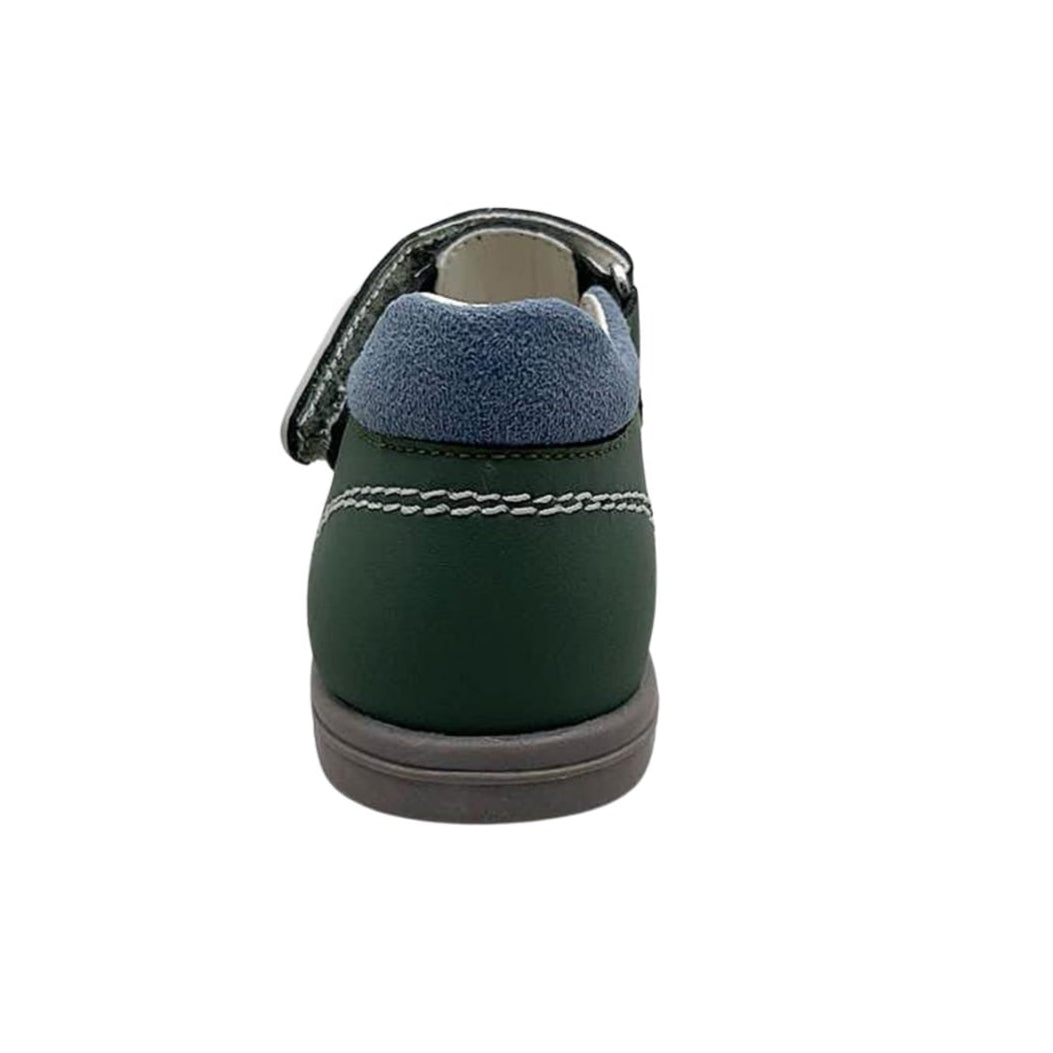 Toddler barefoot sandals back view: dark green heel with padded collar and gray insole