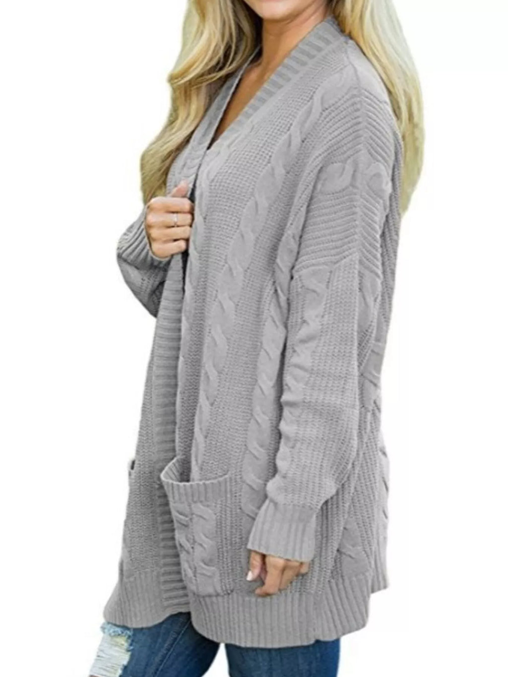 Plus-size chunky knit open-front cardigan, light gray cable-knit texture and patch pockets.