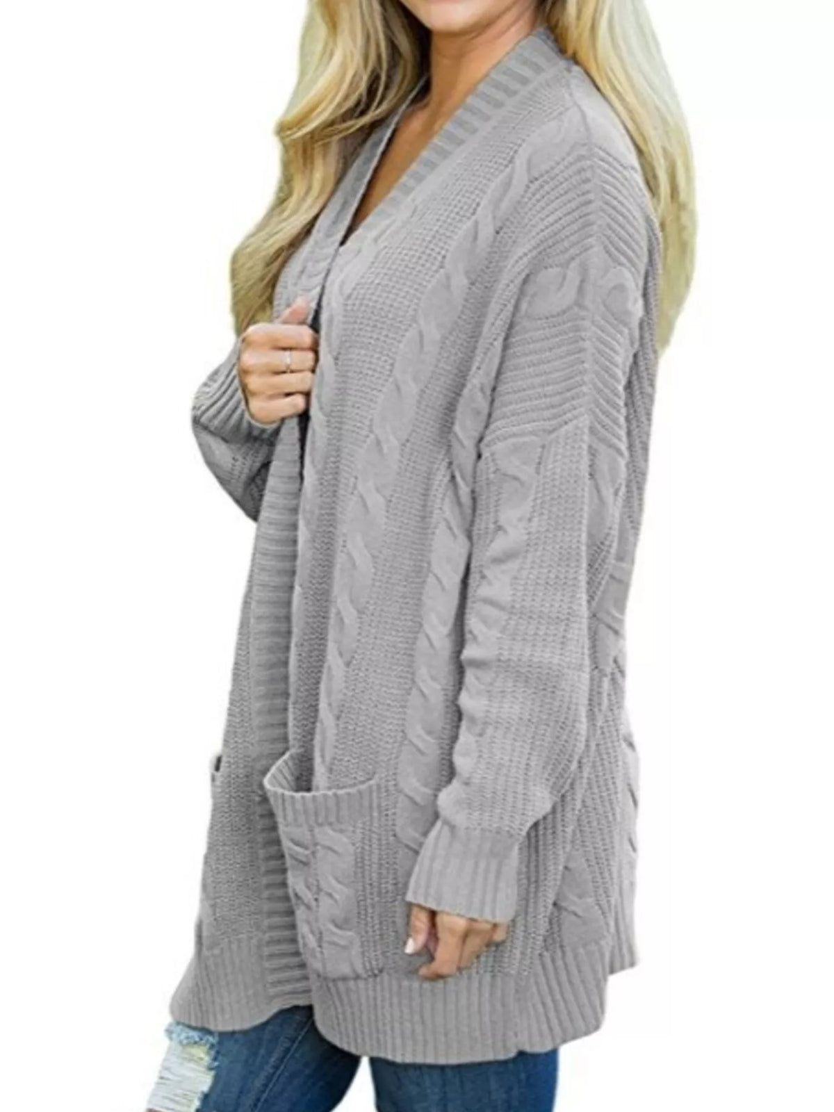 Plus-size chunky knit open-front cardigan, light gray cable-knit texture and patch pockets.