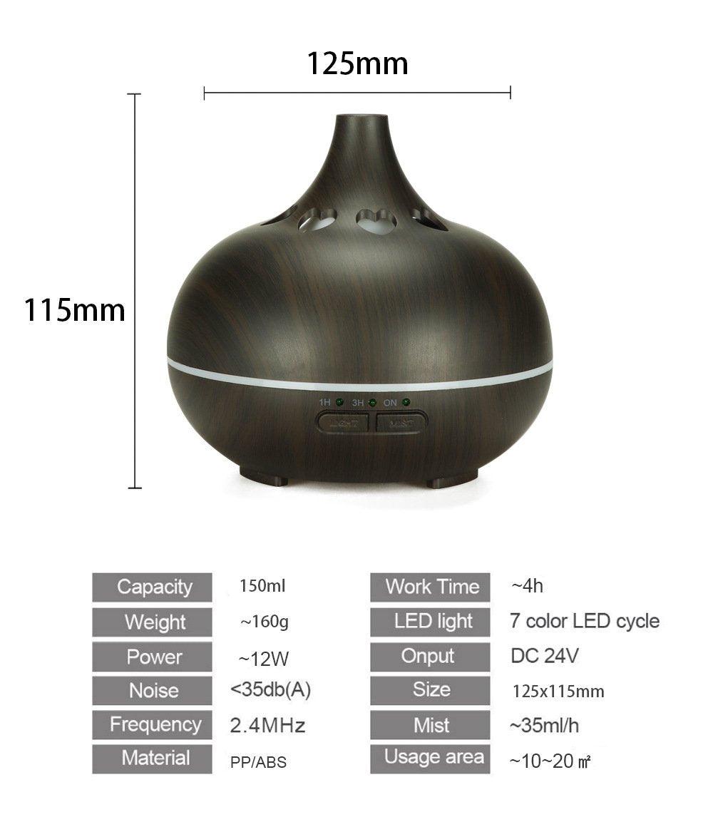 Black aromatherapy diffuser with dimensions and LED mist control details