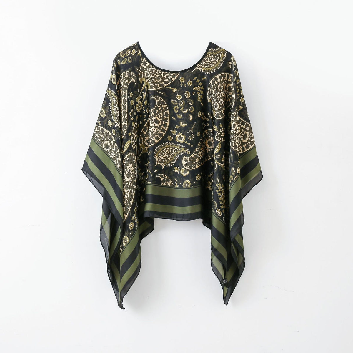 Black and olive ornate pattern pullover shawl cover-up with striped sleeve edges