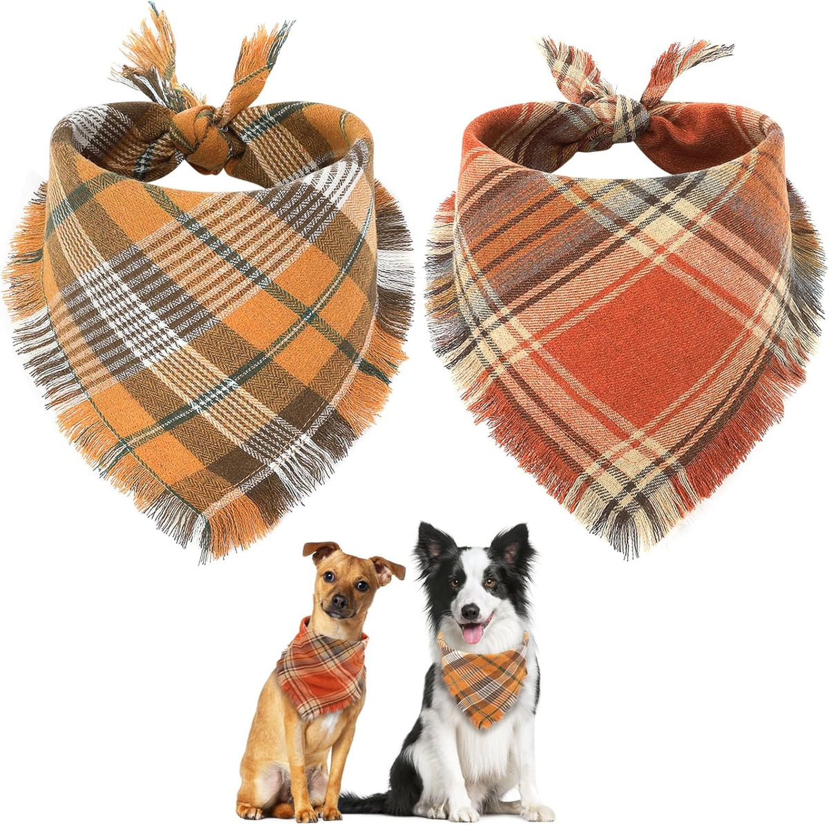 Plush plaid triangle dog bandana with tassel edges, tan/green and orange/red