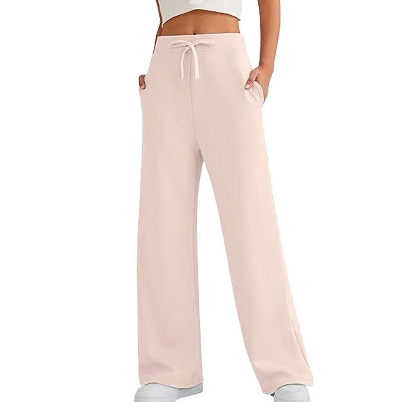 Women's apricot wide-leg pants with elastic drawstring waist and side pockets