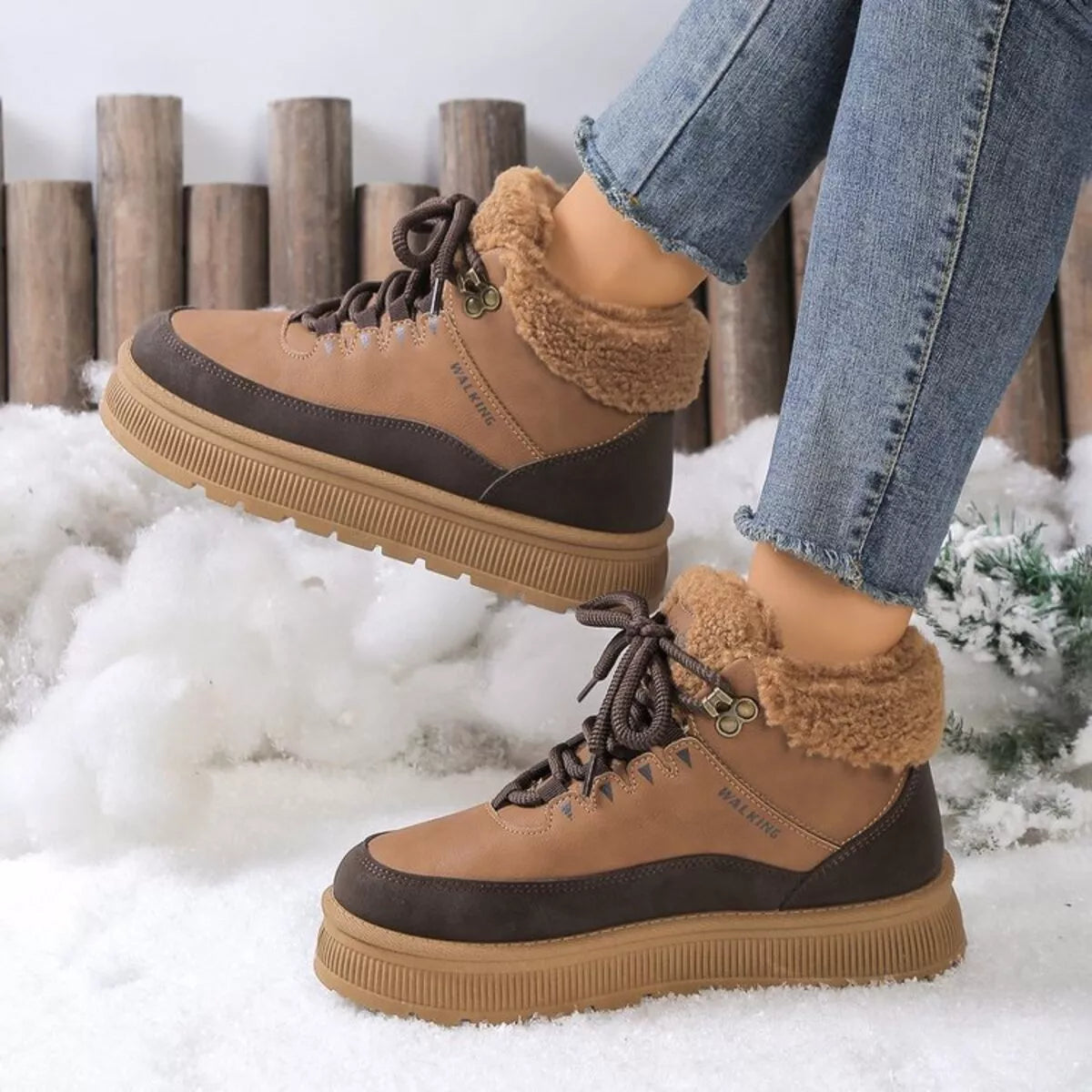 Caramel lace-up platform ankle boots with tan faux-fur lining and chunky rubber sole