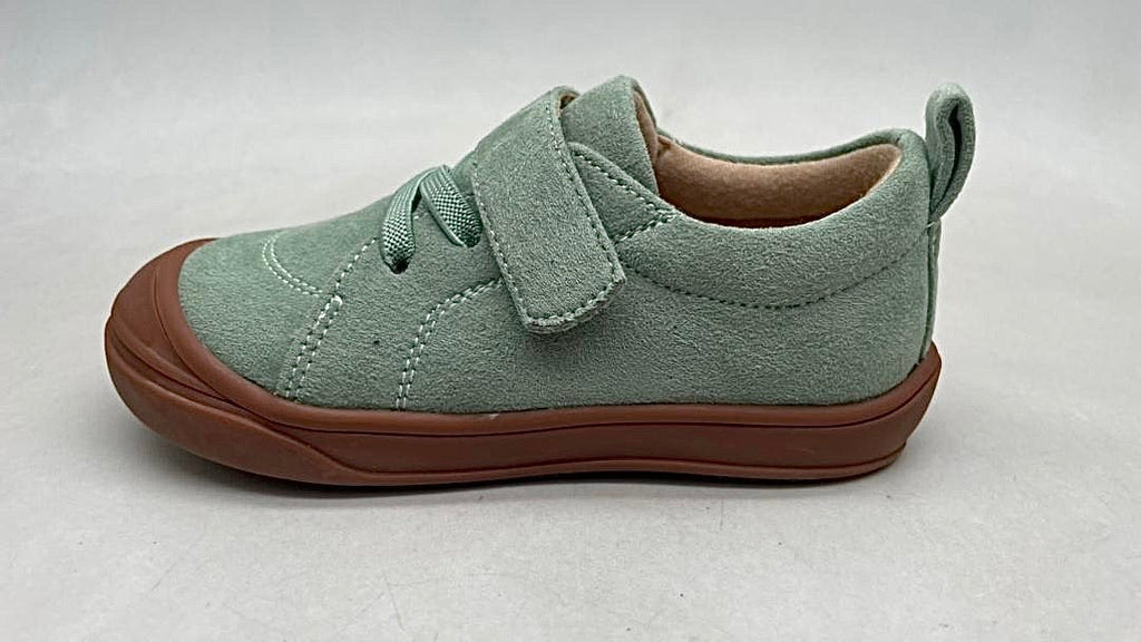 Kids mint barefoot sneakers with Velcro strap and dark flexible sole