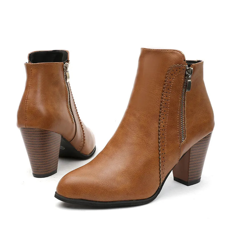 Caramel PU leather block heel ankle boots with side zipper and stitched panels