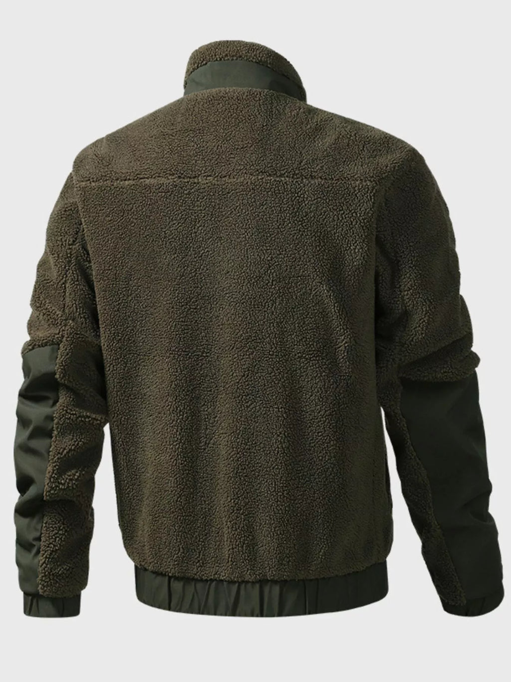 Men's sherpa fleece zip-up jacket back view, army green, stand collar, ribbed hem and cuffs
