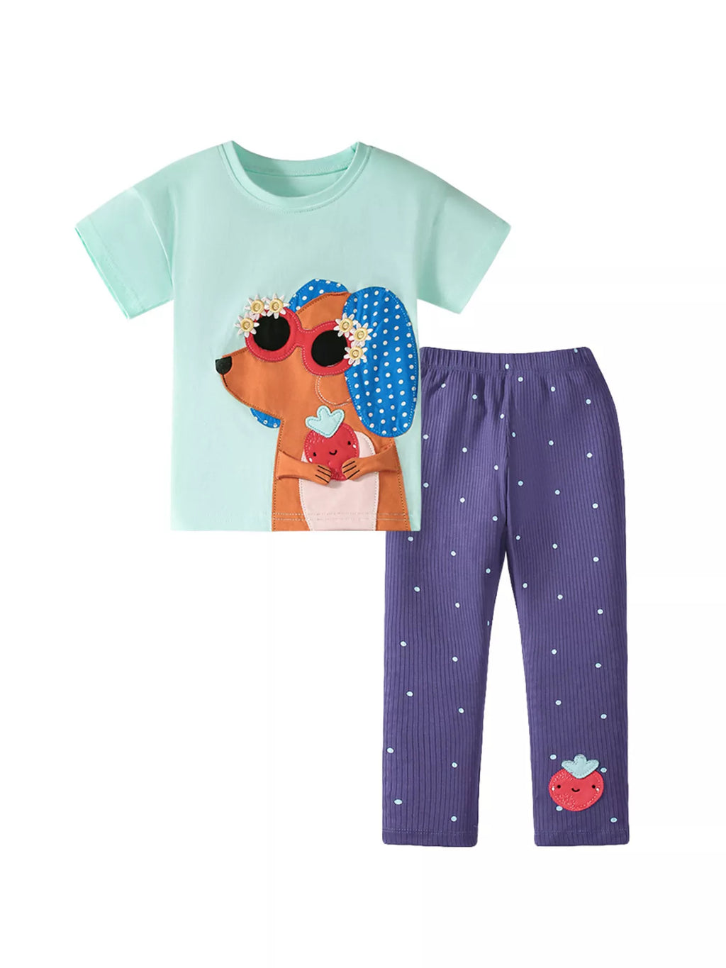 Kids animal graphic t-shirt and purple polka dot leggings set with coordinated designs