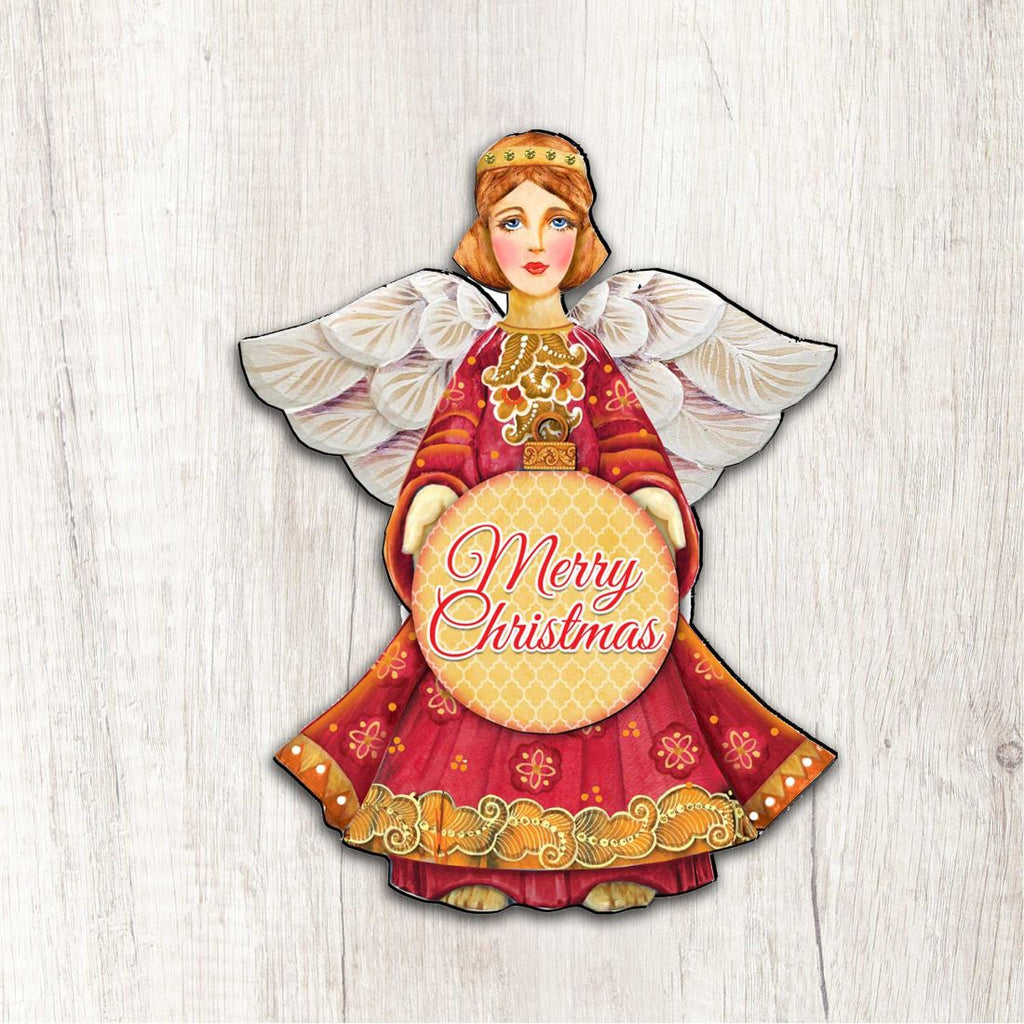 Nativity angel ornament with 'Merry Christmas' heart, red dress and white feather wings