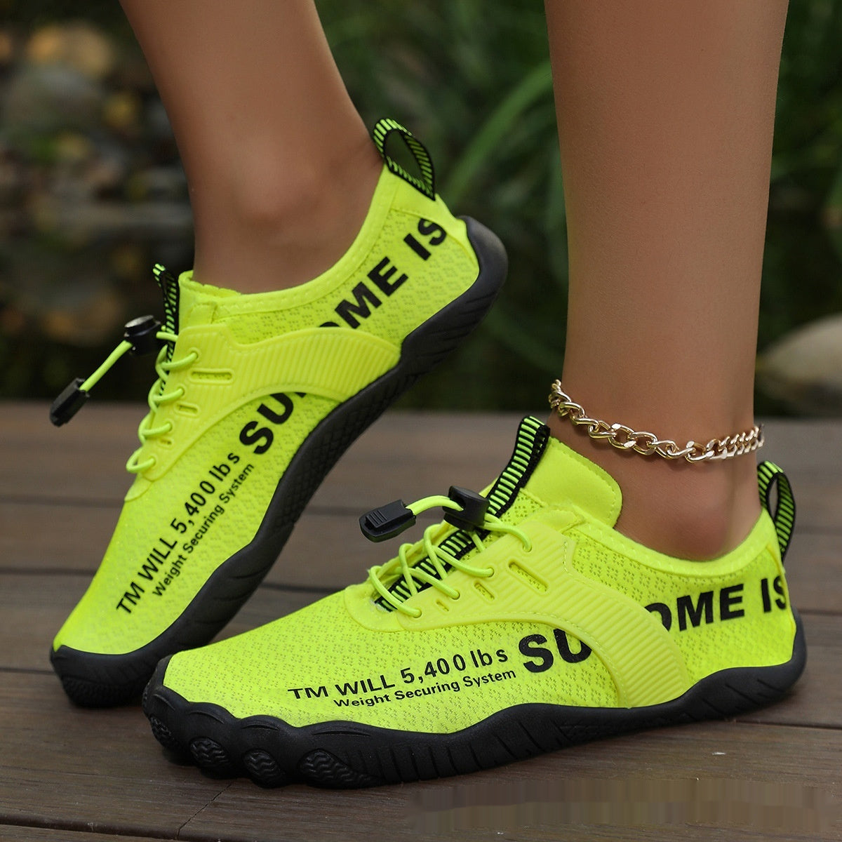 Neon lime lace-up water shoe with thick sole and ankle chain strap