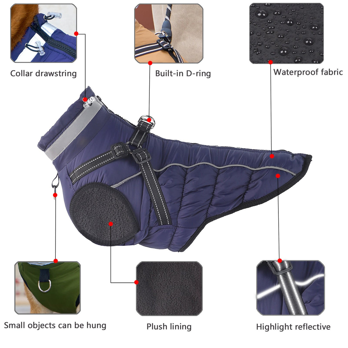 Navy waterproof dog jacket with reflective trim, built-in D-ring, plush lining