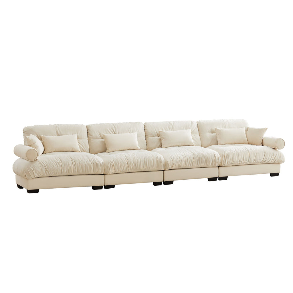 Beige modular L-shaped sectional sofa with deep seats and cushioned back pillows