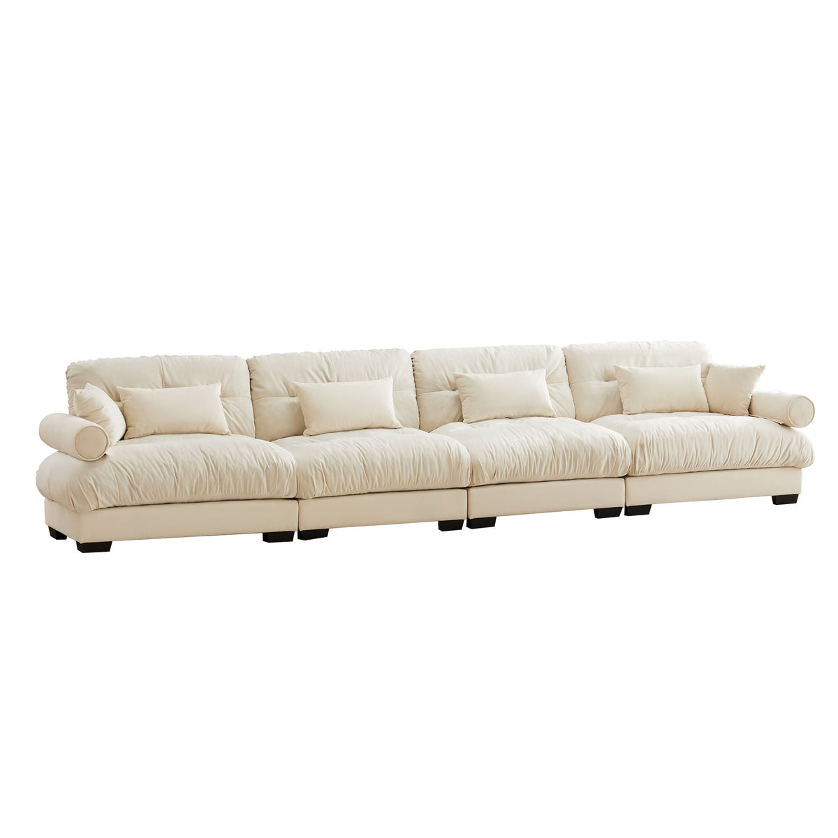 Beige modular L-shaped sectional sofa with deep seats and cushioned back pillows