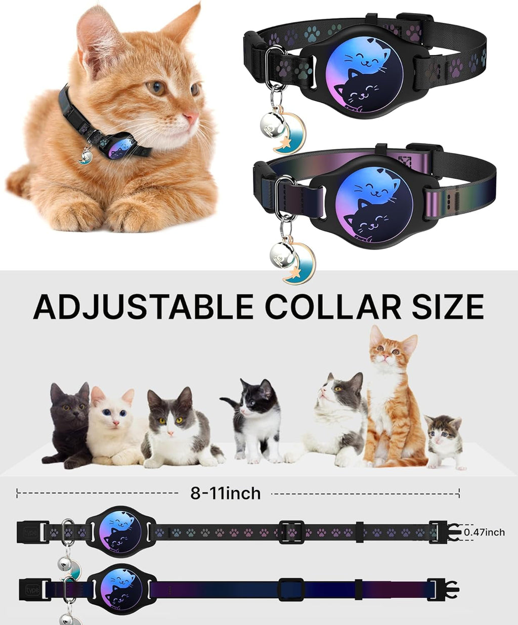 Adjustable black cat collar with cat-print AirTag holder, shown with sizing guide