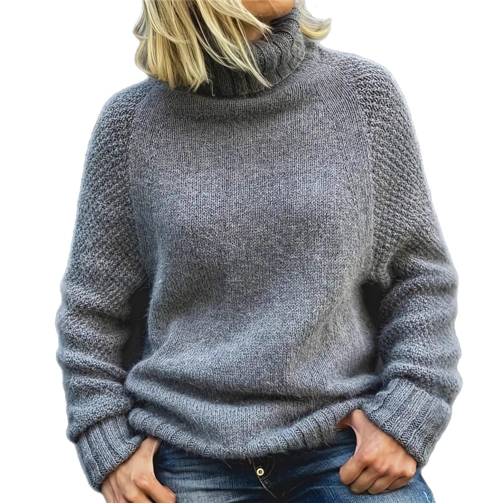 Gray long-sleeve knit sweater with high turtleneck and ribbed cuffs and hem