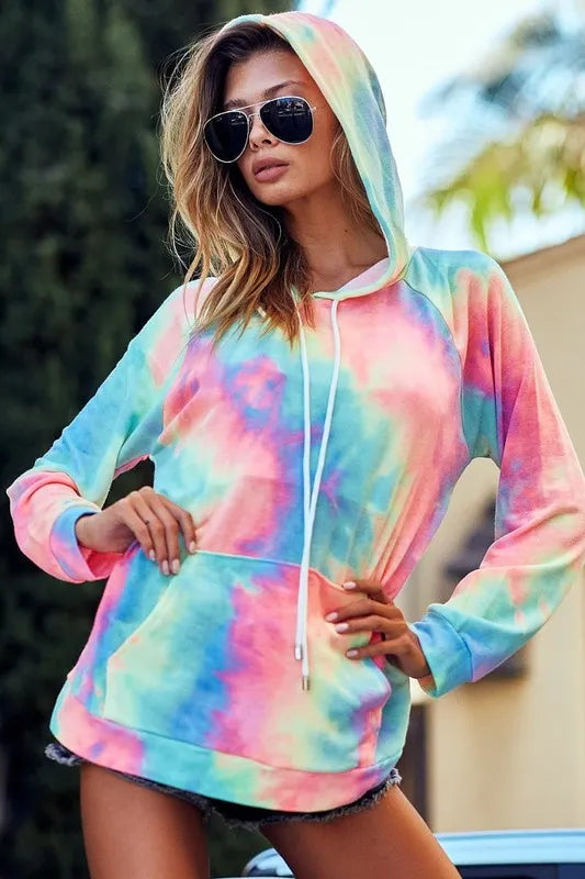 Pastel tie-dye hoodie with drawstring hood and kangaroo pocket, hip length