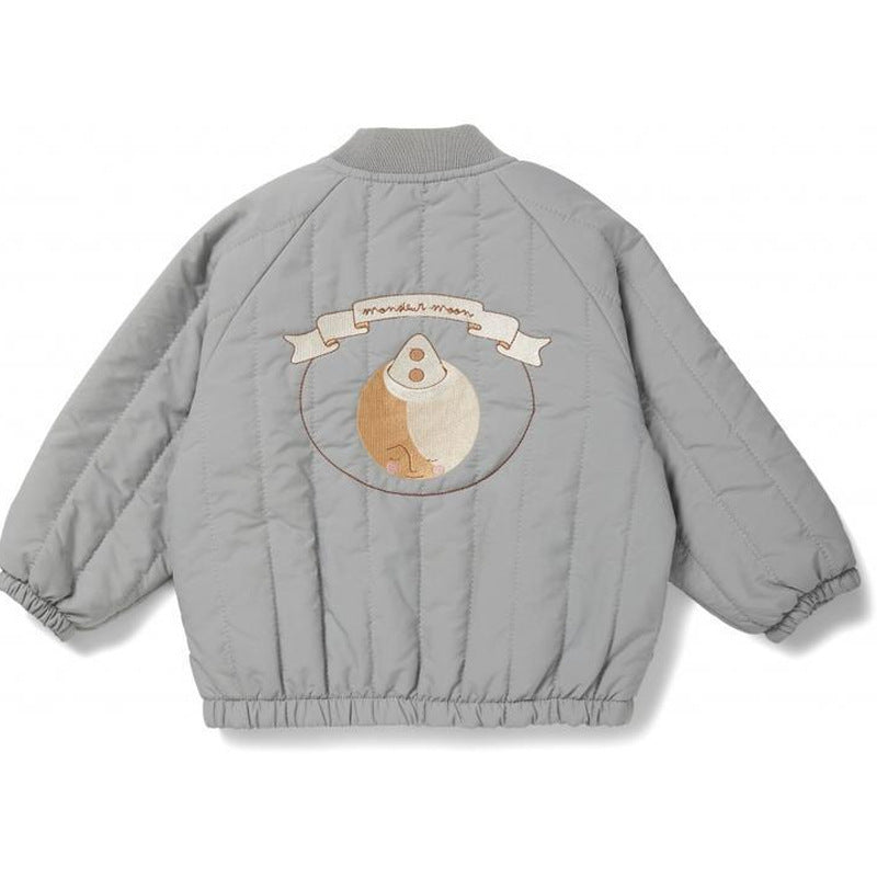 Gray plush cotton boys jacket, quilted with animal-and-cupcake back graphic