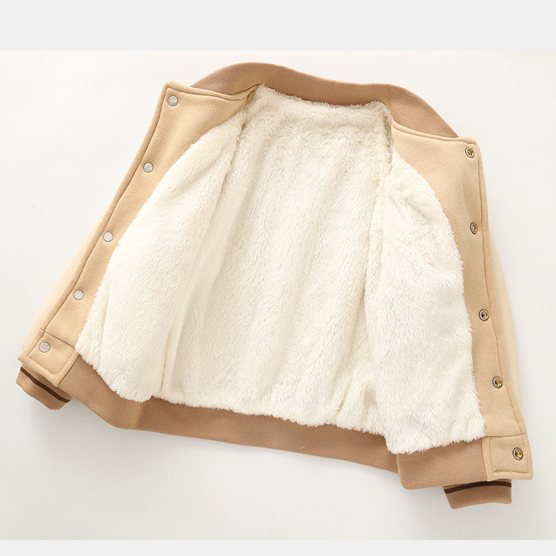 Fleece-lined baseball jacket with bear patch, cream outer and fluffy white inner.