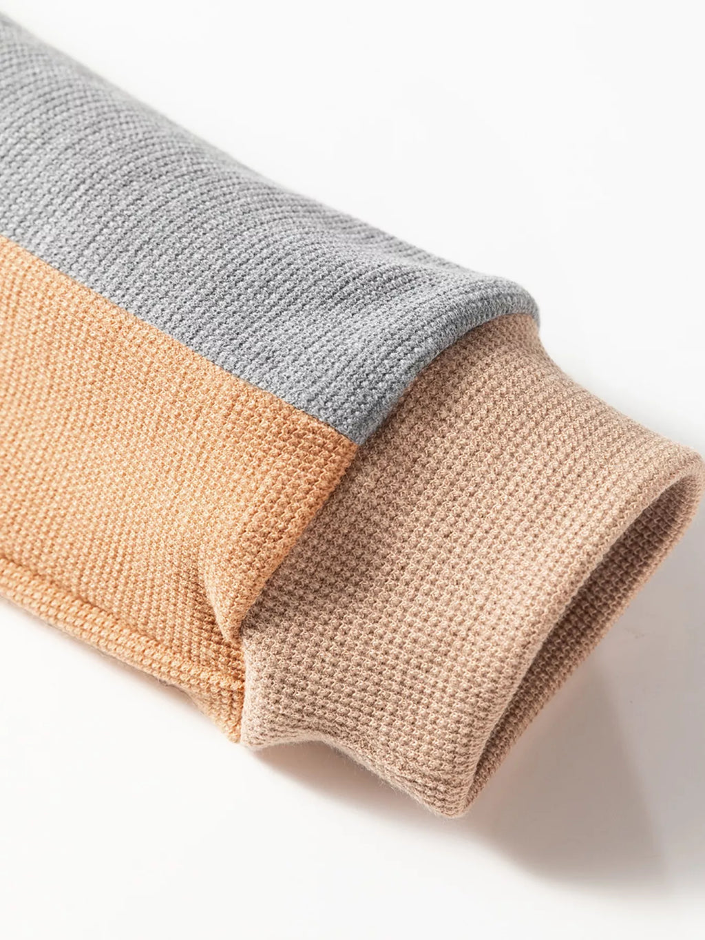 Camel color block thermal knit henley top, drop shoulder with ribbed cuff detail