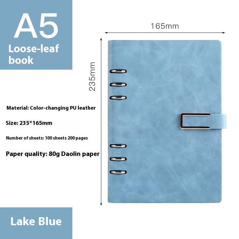 A5 lake blue loose-leaf notebook with metal rings and side buckle strap