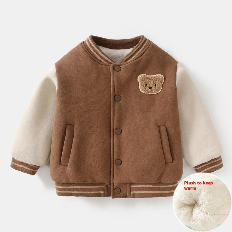 Brown fleece-lined baseball jacket with teddy bear patch, snap front, side pockets, striped cuffs.