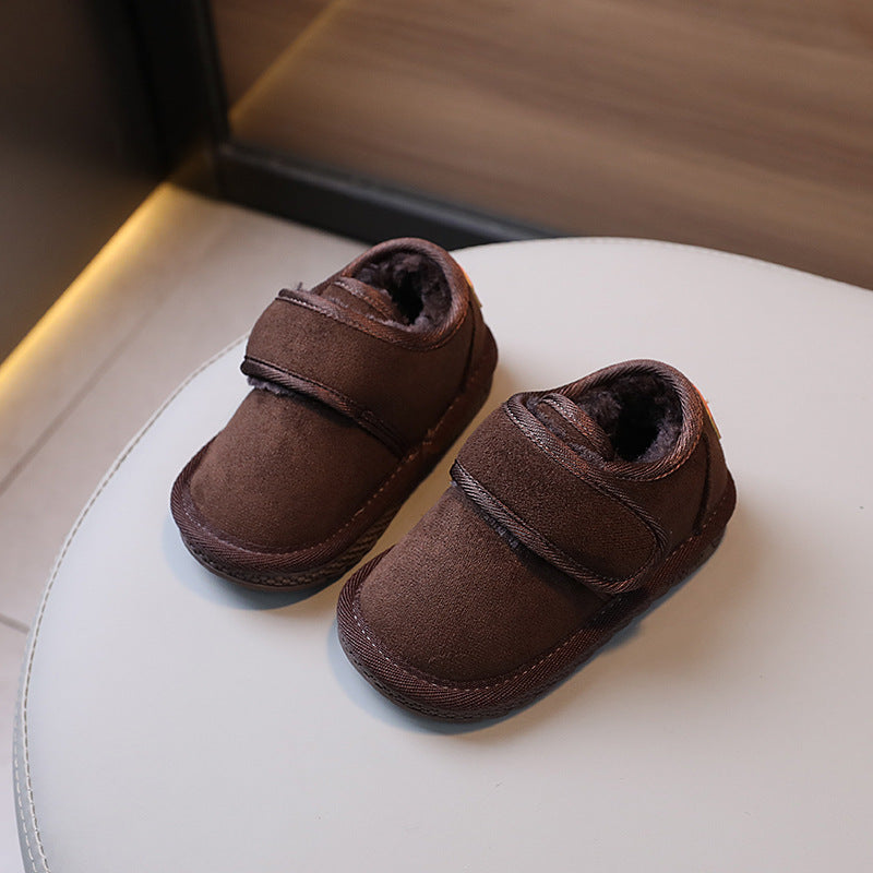 Boys fleece-lined cotton boots in dark brown with hook-and-loop strap and plush lining