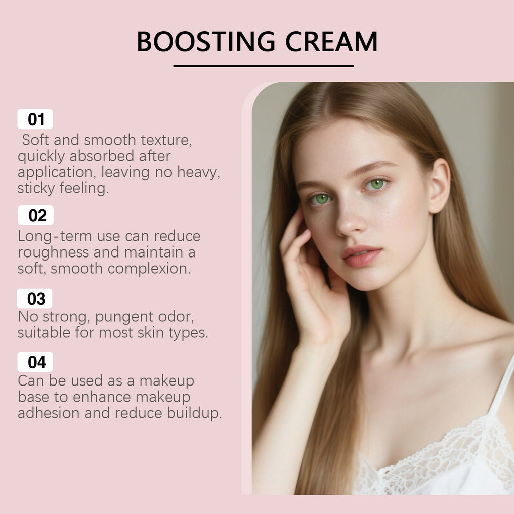 Facial boosting cream promotional panel with model portrait and benefit notes